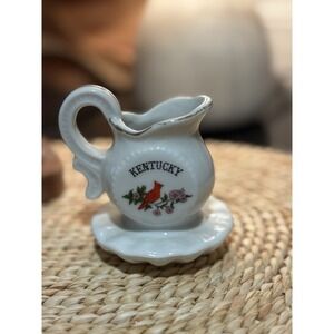 Kentucky Cardinal Flowers Ceramic Creamer White Pottery mini pitcher souvenir